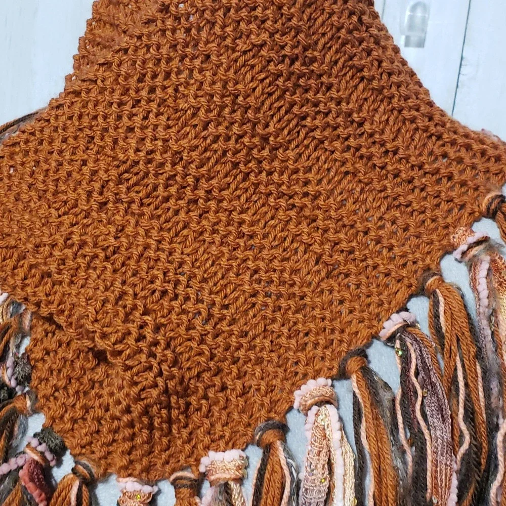 Cowl Scarf Fringe Hand Knitted Orange Rust Womens Boho Hippie Artsy Earthy Glam‎
